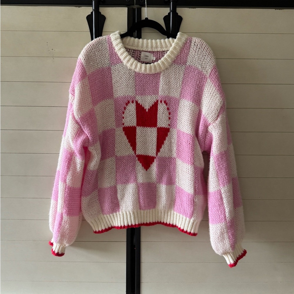 Luna and Ivy Charming Pink and White Heart Sweater